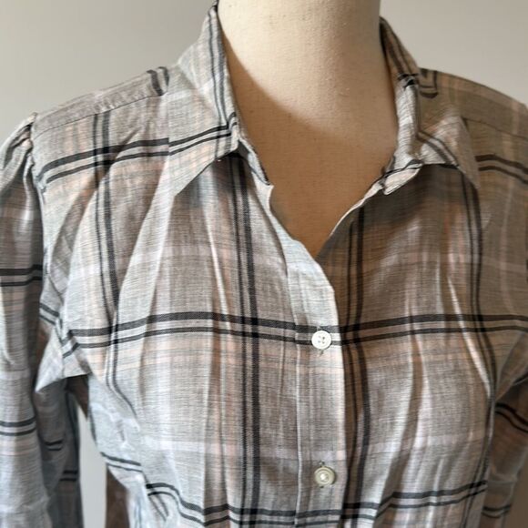 Ann Taylor LOFT sz S button front long sleeved grey plaid top - Picture 2 of 8
